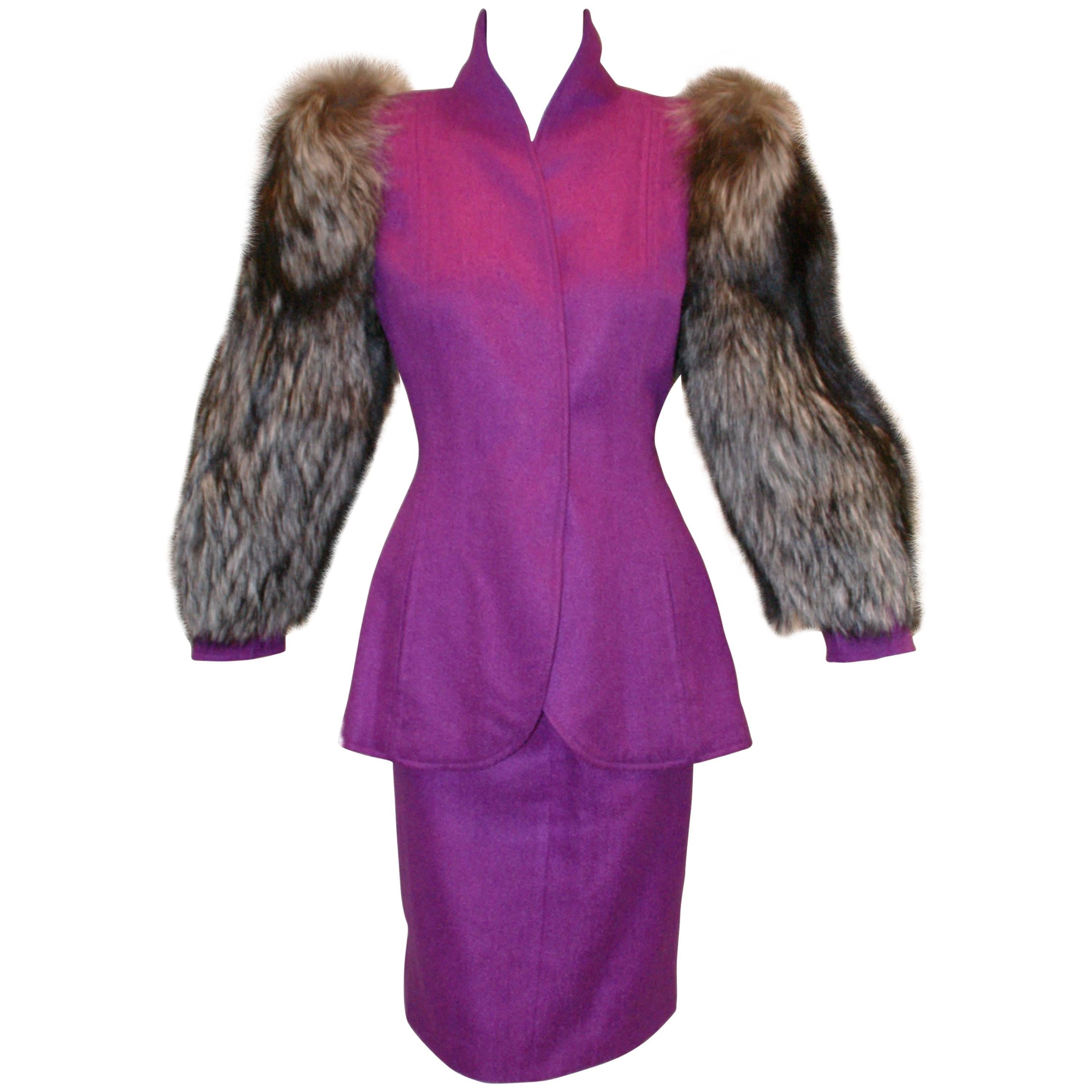 1980's Christian Lacroix Luxe Demi-Couture Fox Fur Skirt Suit 40