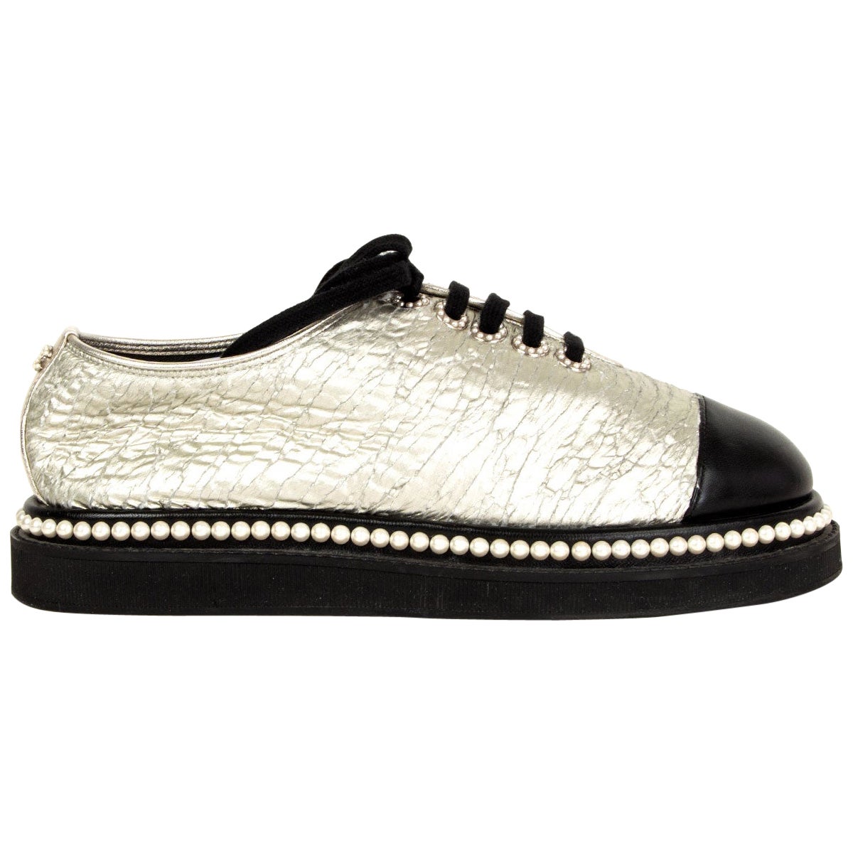 CHANEL warm silver Platform Derby Flats Shoes 38 For Sale