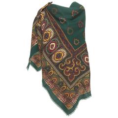 Gucci forest green paisley wool challis shawl 54" X 54" 1980s