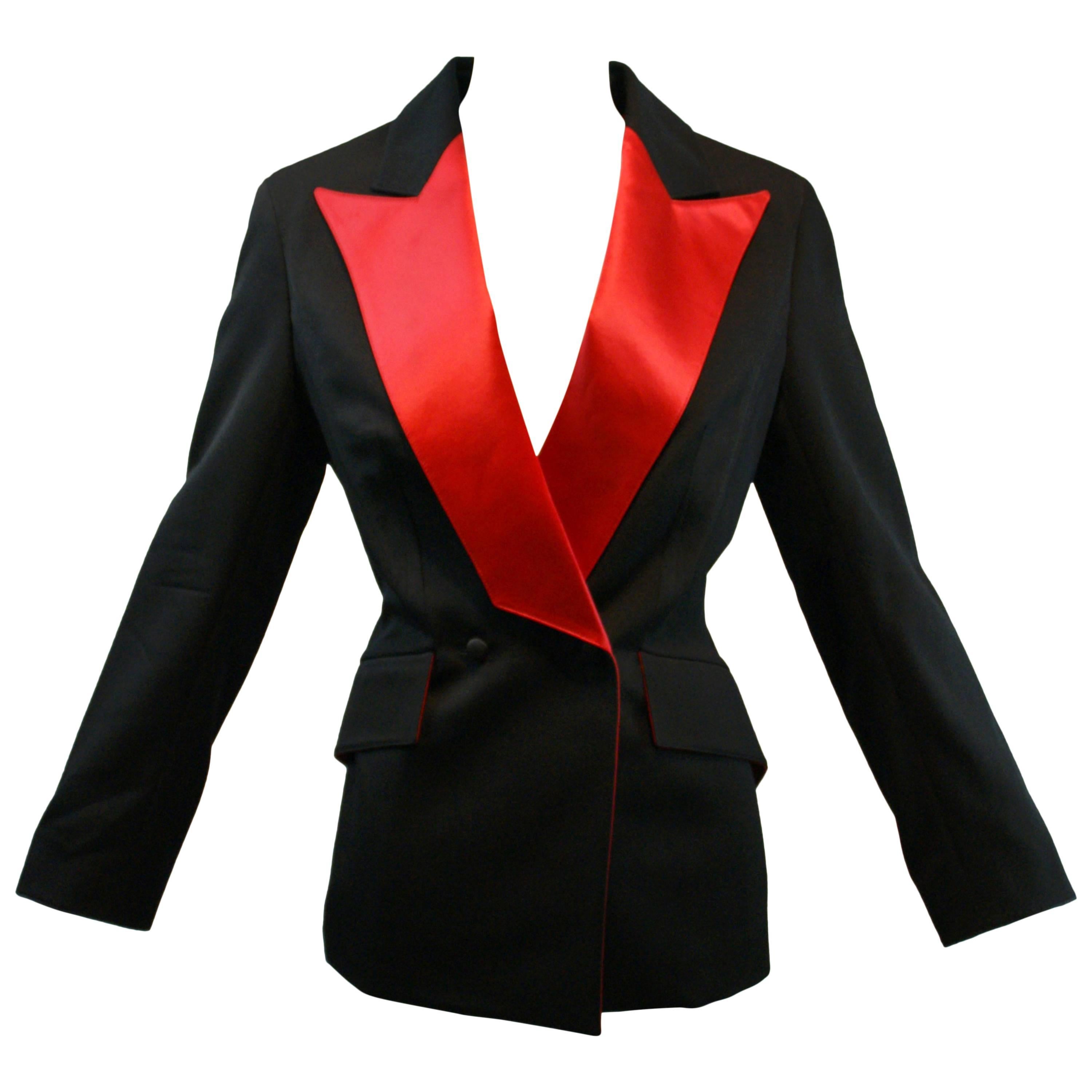 A/W 2001 Thierry Mugler Couture Runway Red Satin Black Tuxedo Jacket 40
