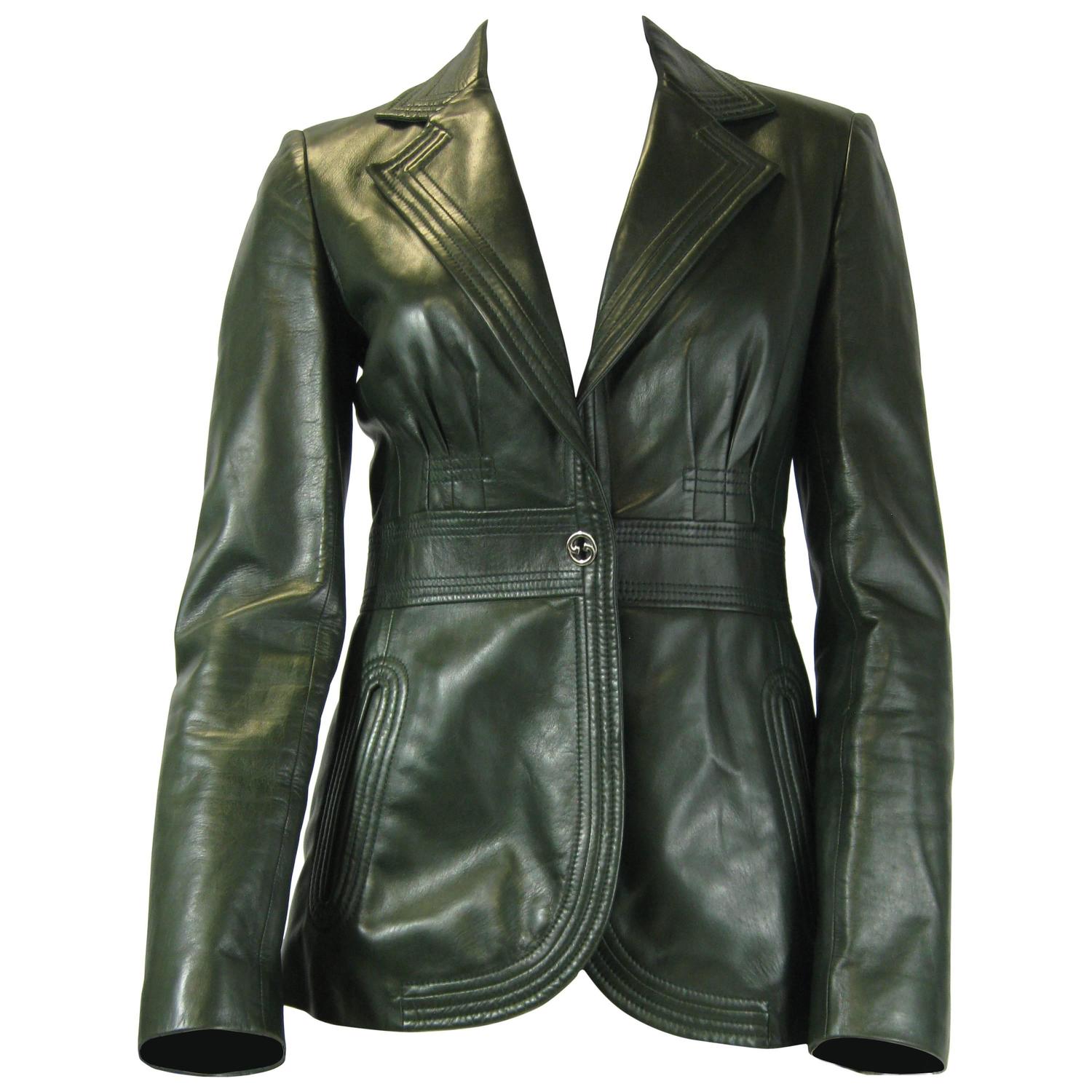 Gucci Forest Green Leather Jacket Size 40 For Sale at 1stdibs