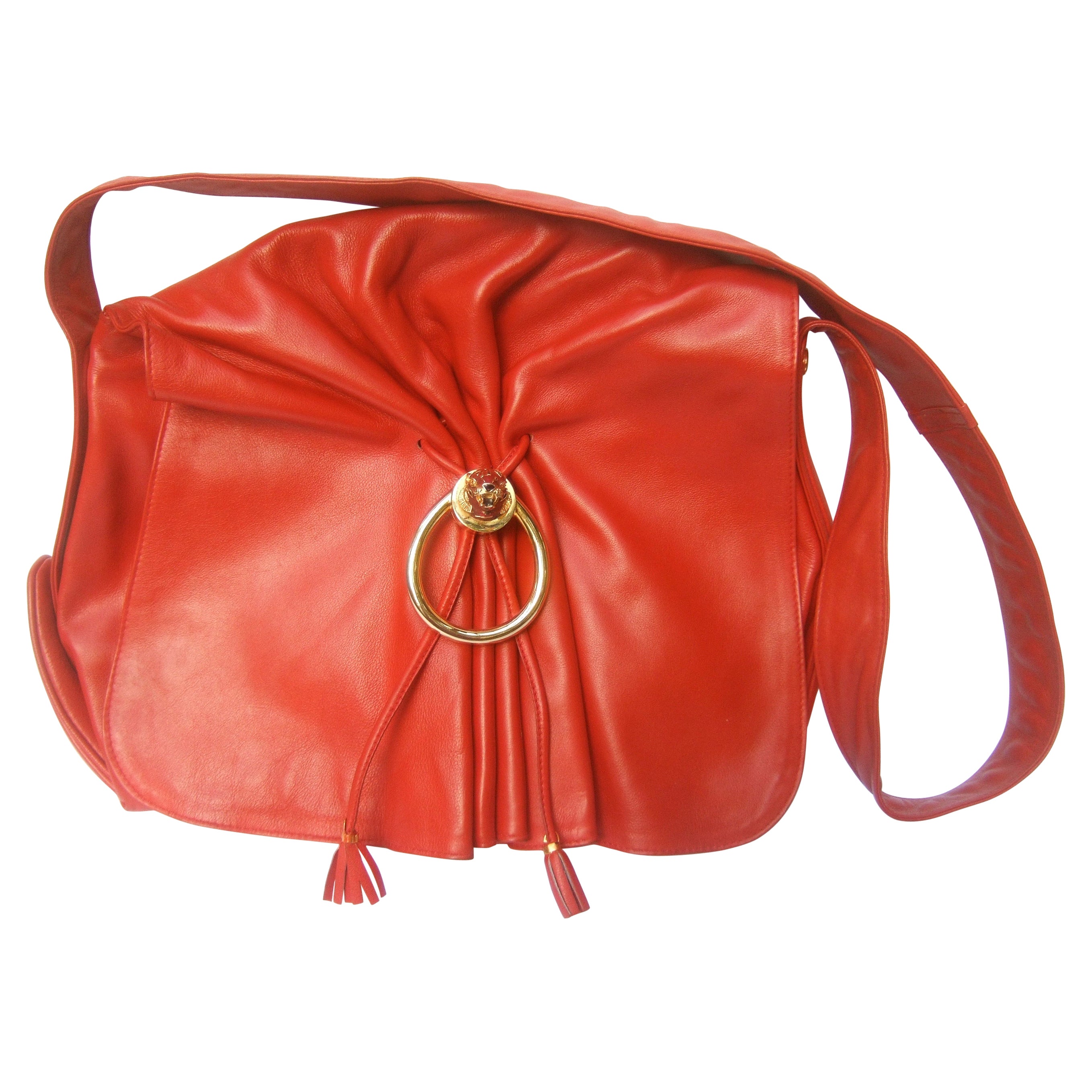 Gucci Italy Rare Red Leather Tiger Emblem Shoulder Bag c 1980s 
