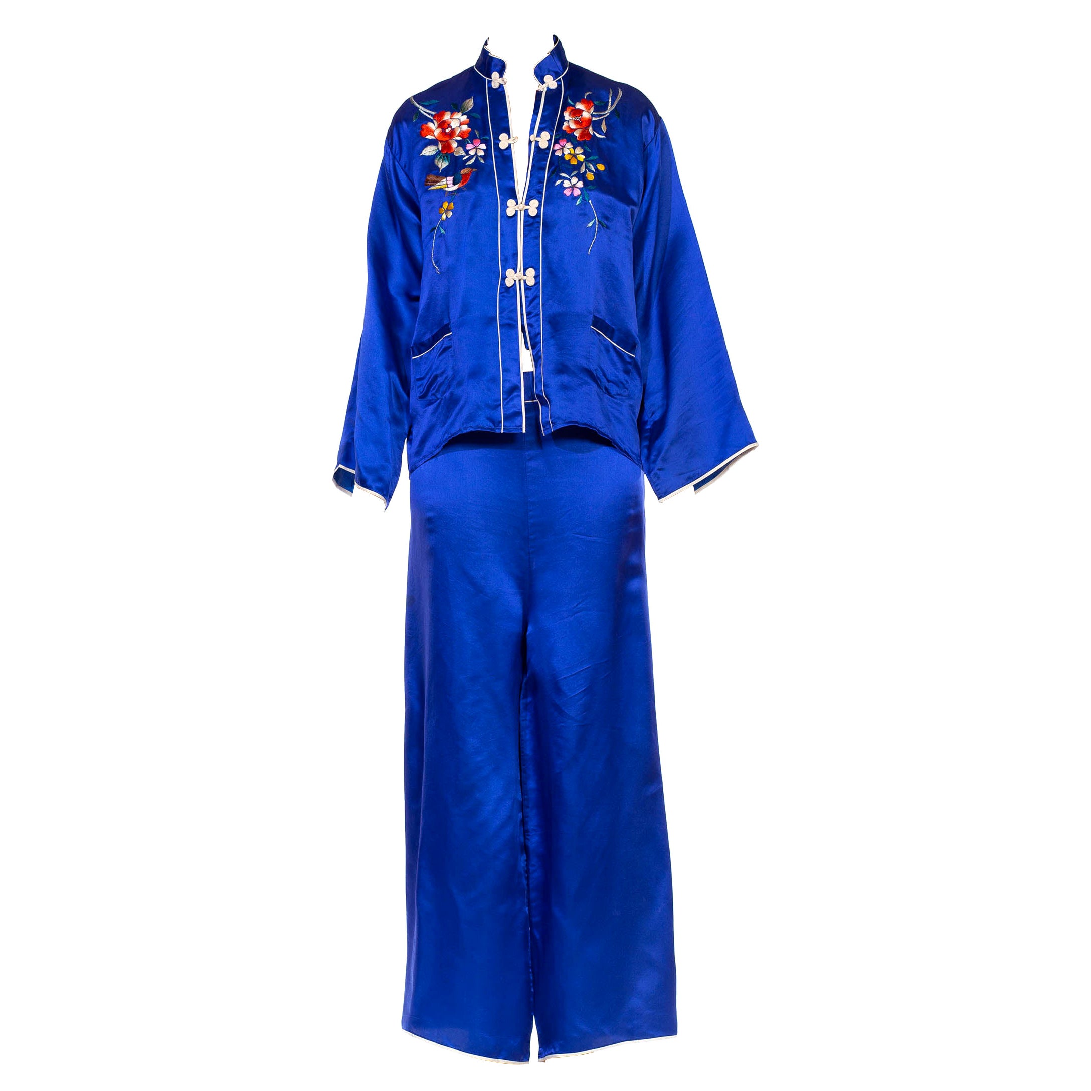 1970S Indigo Blue Silk Japanese Pajamas Ensemble With Floral Embroidery For Sale