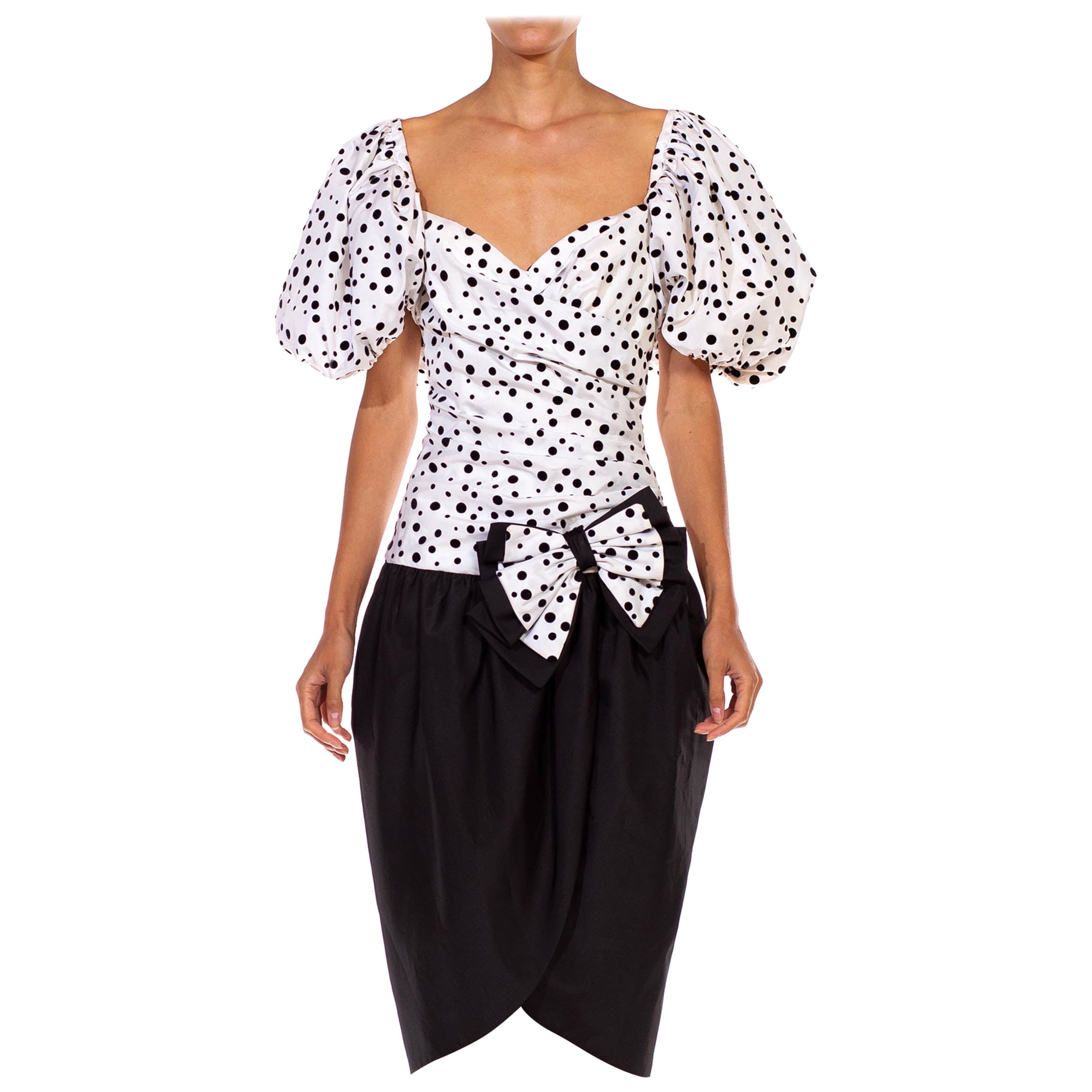 1980S Black & White Polka Dot Puff Sleeve Cocktail Dress With Large Bow