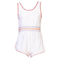 Vintage 1970S White & Red Trim  Terry Cloth Swim Cover Romper