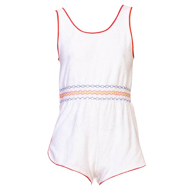 1970S White and Red Trim Terry Cloth Swim Cover Romper For Sale at 1stDibs