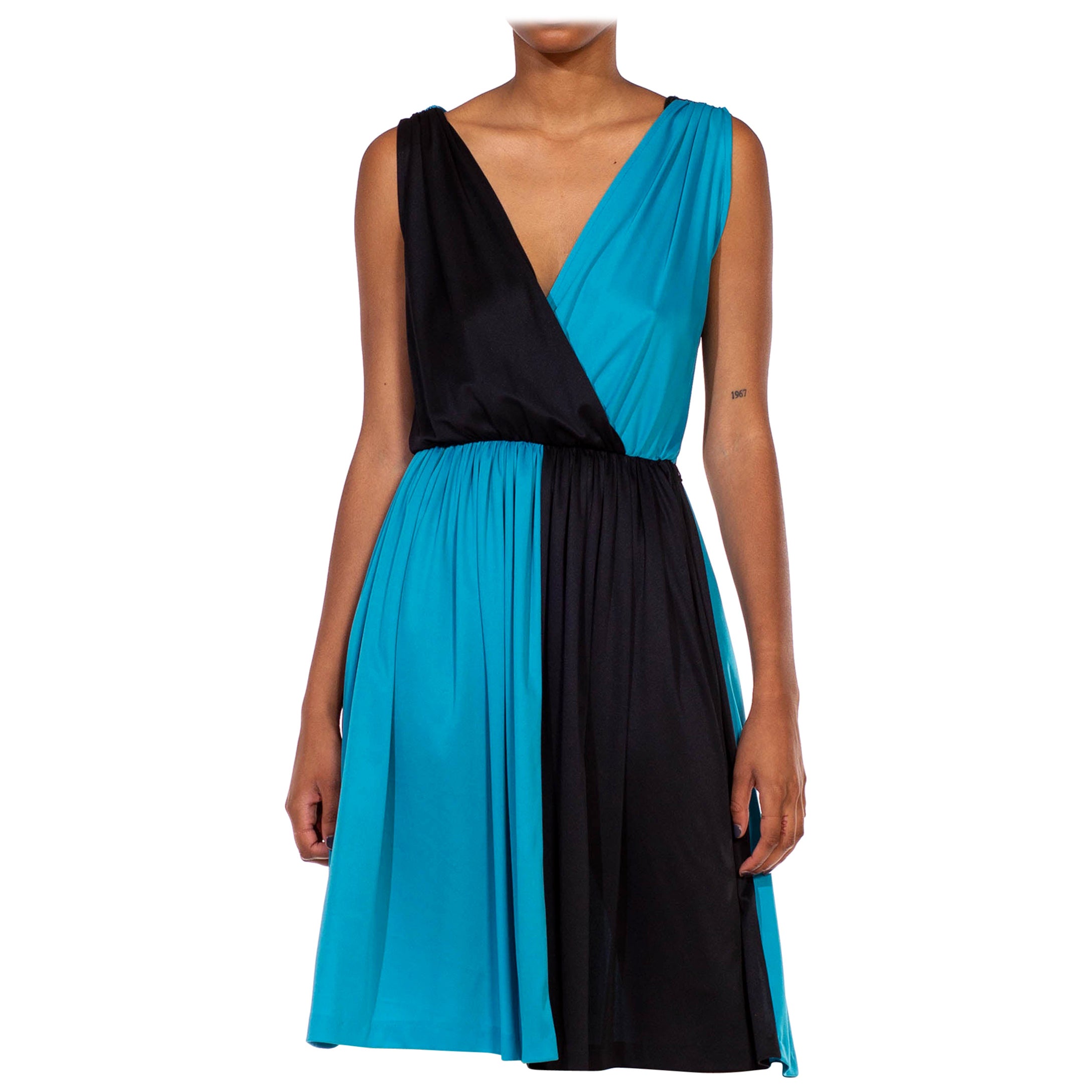 1970S Black & Cyan Blue Polyester Asymmetrical Color Blocked Cocktail Dress For Sale