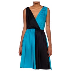 Vintage 1970S Black & Cyan Blue Polyester Asymmetrical Color Blocked Cocktail Dress