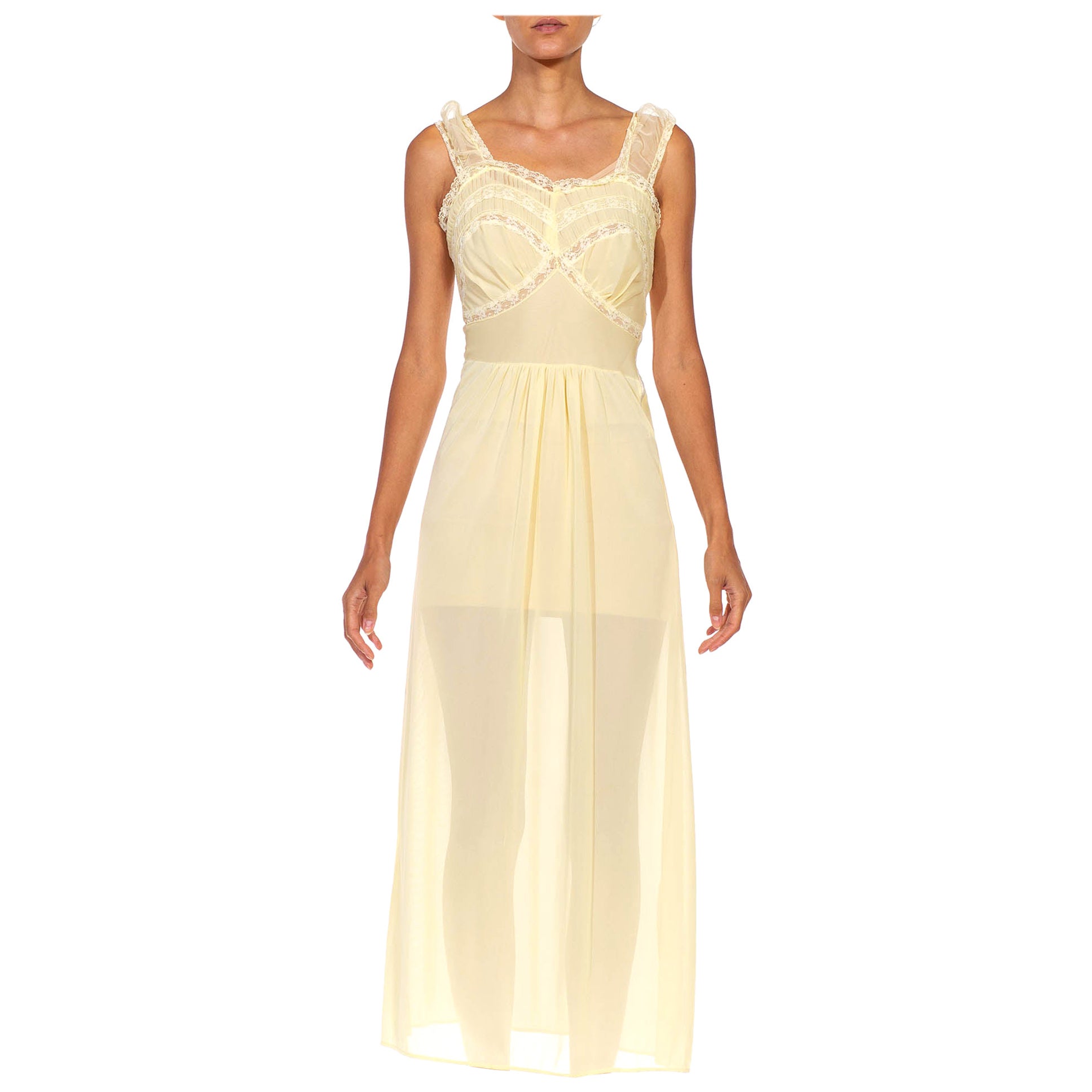 1940S Butter Yellow Rayon Lace Trim Negligee