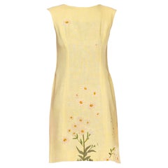 1960S Butter Yellow Linen Daisy Embroidered Mod Dress