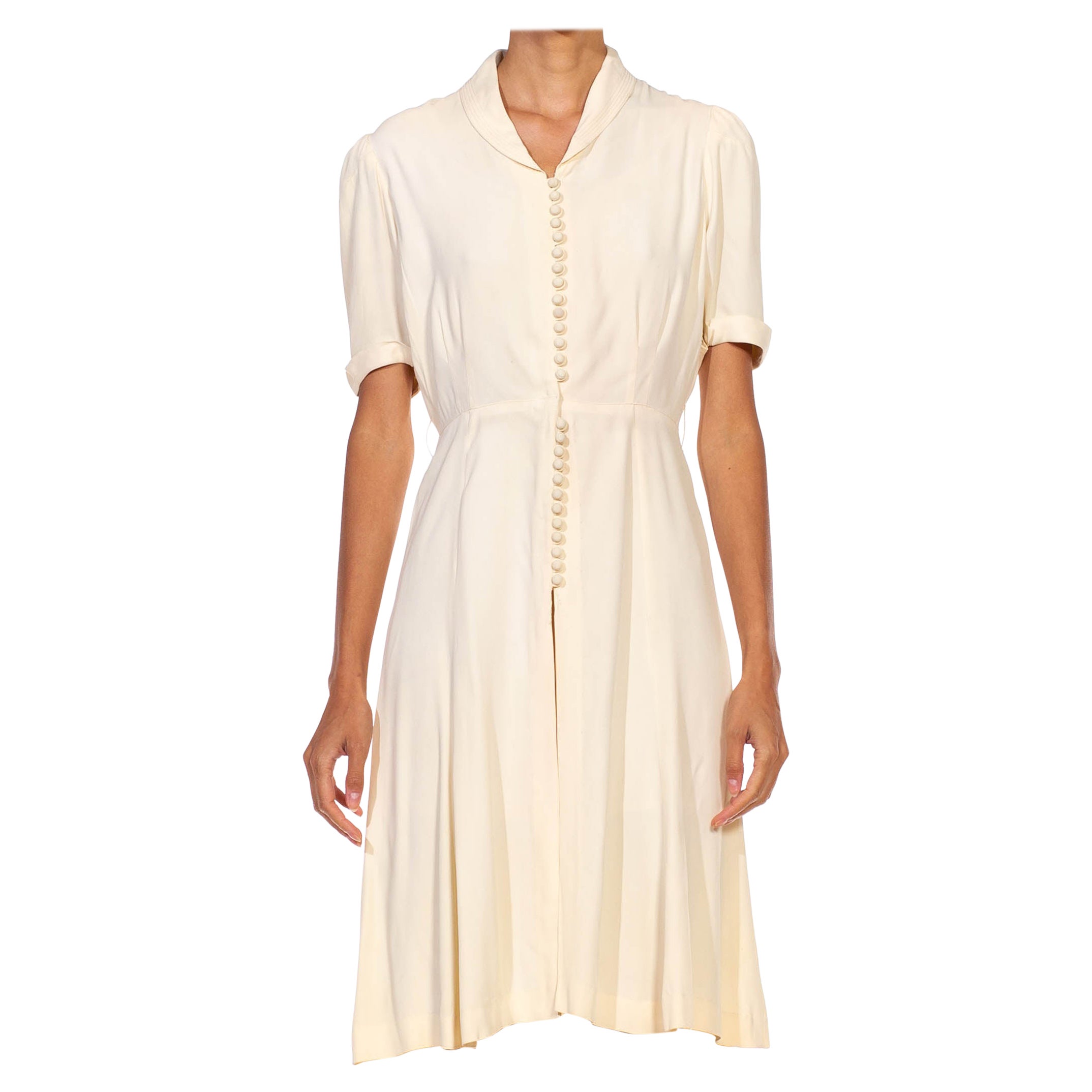 1940S Ivory Silk Short Sleeve Button Down Dress