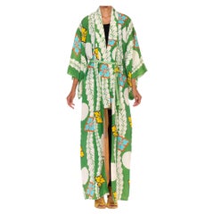 1960S Grün Seide Blume und Blatt Medaillon Hand blockiert Kimono