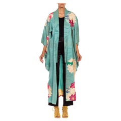 1960S1960s Aqua And Metallic Thread Silk Hand Painted Embroidered Floral  Kimono