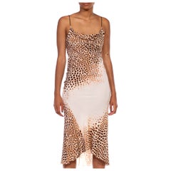 1990S ROBERTO CAVALLI Cream & Leopard Silk Perfect Cowl Bias Cut Dress With La