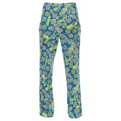 Vintage 1960S Electric Blue  & Acid Green Polyester Psychedelic Flower Print Pants