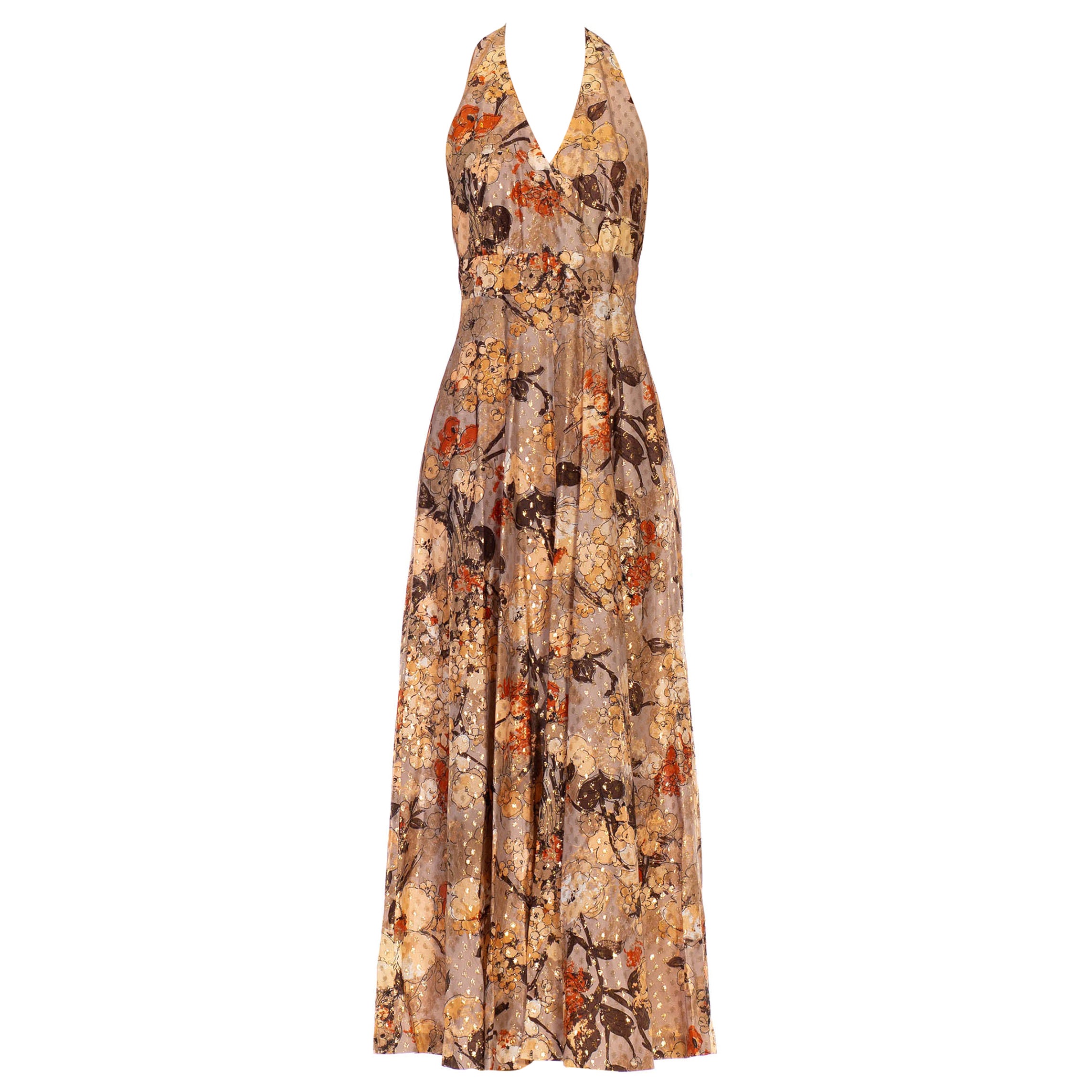 1970S Beige and Brown Polyester Lame Floral With Metallic Threads ...