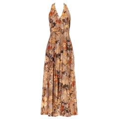 1970S Beige & Brown Polyester Lame Floral With Metallic Threads Halter Gown