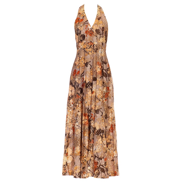 1970S Beige and Brown Polyester Lame Floral With Metallic Threads ...