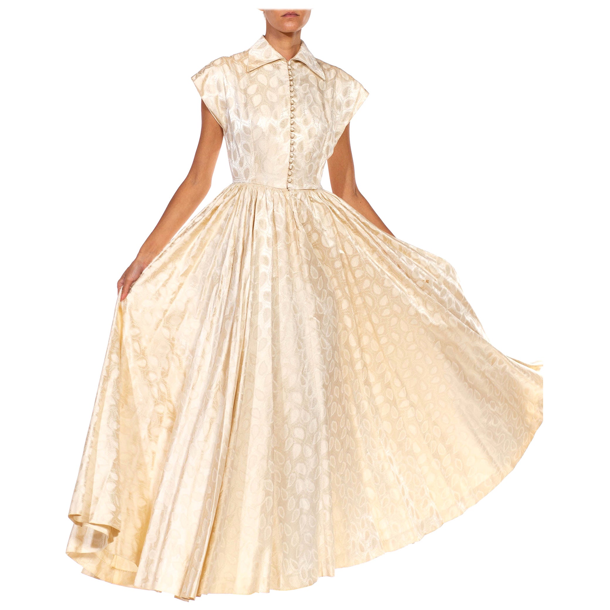 1950S Ivory Silk Blend Jaquard Full Skirt And Button Down  Dress For Sale