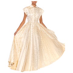 1950S Ivory Silk Blend Jaquard Full Skirt And Button Down  Dress