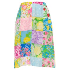 Used 1980S LILLY PULITZER Pink Yellow & Blue Cotton Checkered Patchwork Skirt