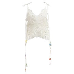 Chloé Tasseled Broderie Anglaise And Tulle Paneled Linen Blend Top FR 36 UK 8