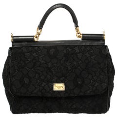 Dolce & Gabbana Black Lace Large Miss Sicily Top Handle Bag