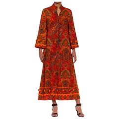 1970S Orange Polyester Lace Up Paisley Kaftan With Pom And Ribbon Trim