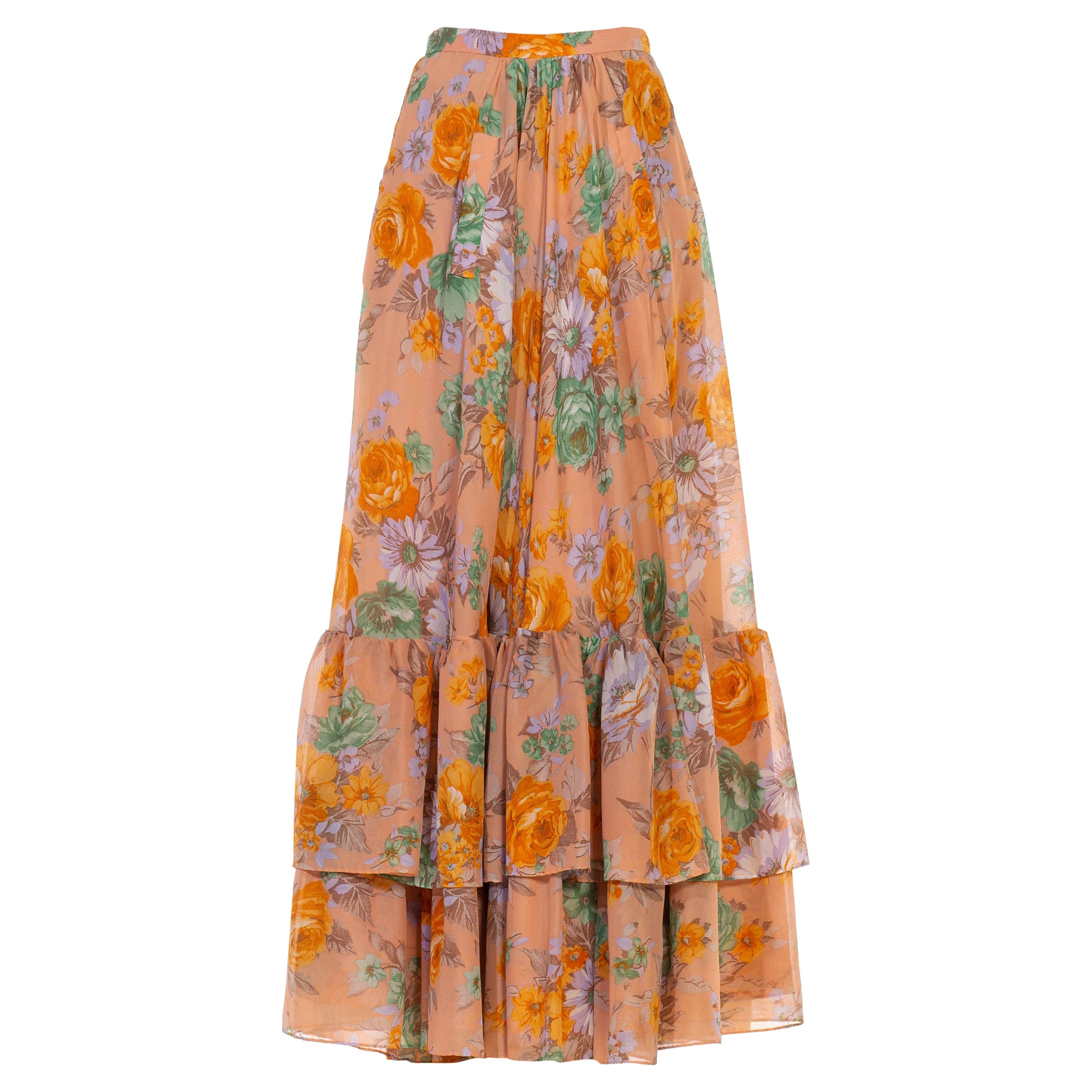 1970S Dusty Pink Orange & Green Floral Tiered Ruffle Skirt For Sale