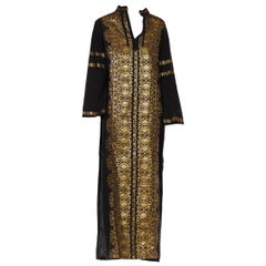 Vintage 1970S Black & Gold Cotton Canvas Metallic Embroidery Kaftan