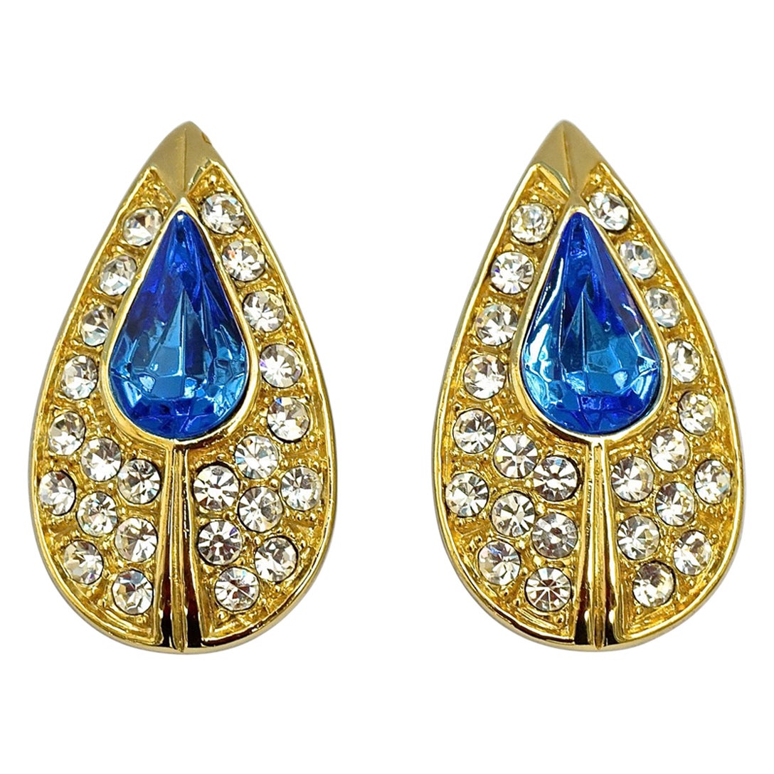Gold Plated Tear Drop Azure Blue and Clear Crystal Clip On Earrings For Sale