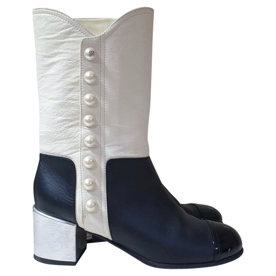 Chanel Black White Block Heels Pearls Boots For Sale at 1stDibs