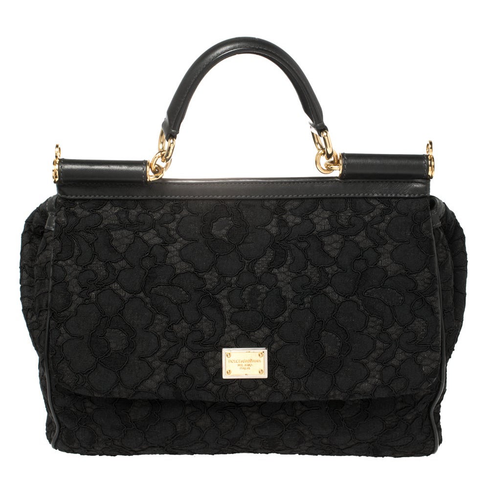 Dolce & Gabbana Black Lace and Leather Miss Sicily Top Handle Bag