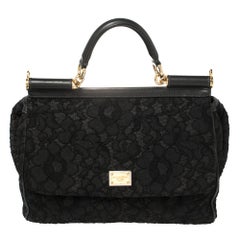Dolce & Gabbana Black Lace and Leather Miss Sicily Top Handle Bag