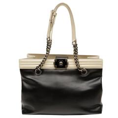 Chanel Black and Cream Leather Boy Bag Tote 11