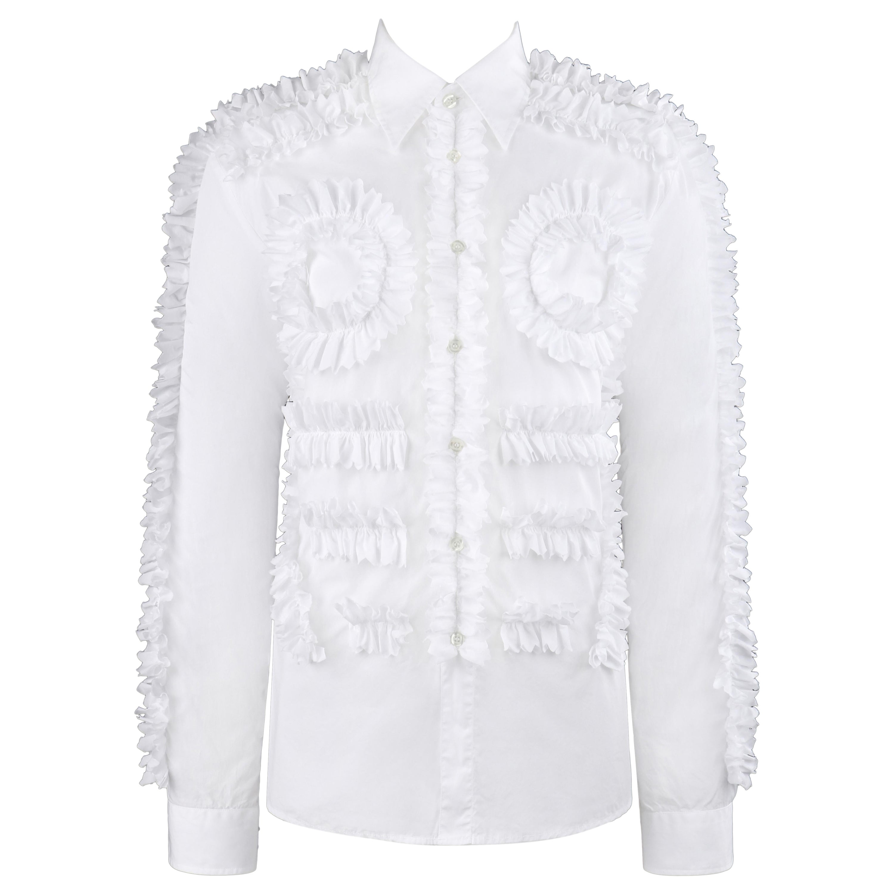 WALTER VAN BEIRENDONCK A/W 2014 Men's Symmetric White Ruffle Button Front Shirt  For Sale