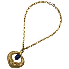 Retro Jomaz 1970s Abrstract Gold with BlueCabochon Pendent Necklace.