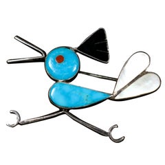 Vintage Turquoise DAVE MEUMANN Old Pawn Navajo Roadrunner Sterling Silver Brooch Pin