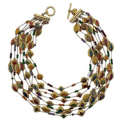 Retro Anne Klein Couture Satin Gold & Enameled 8 Strand Necklace
