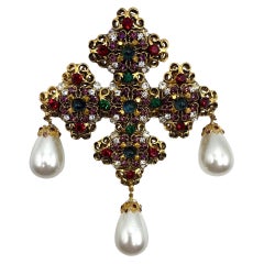 Jose & Maria Barrera Large Jeweled Heraldic Cross with Pearls Brooch