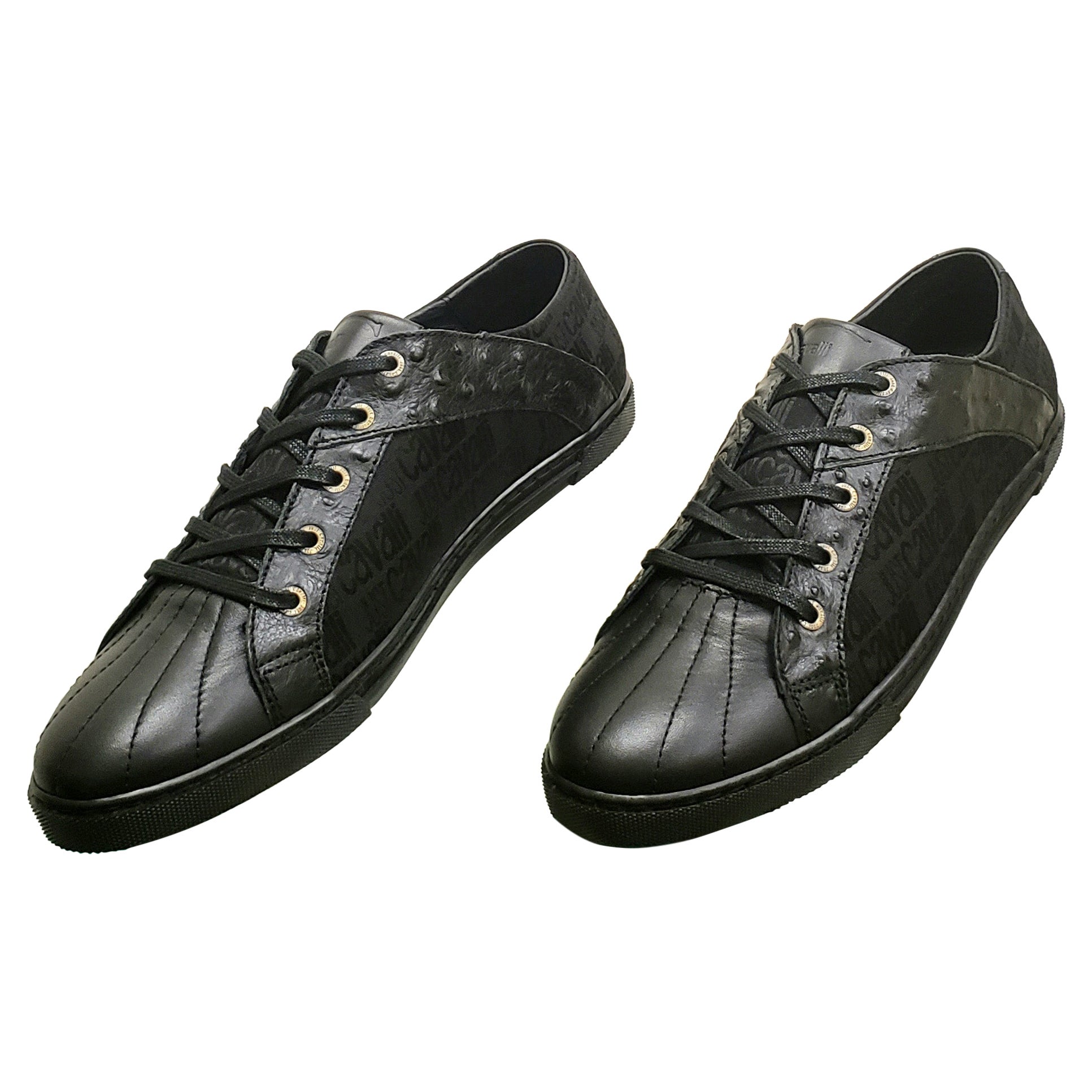 NEW JUST CAVALLI BLACK LEATHER SNEAKERS w/OSTRICH DETAILS 46 - 13