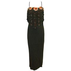 Vintage 1970's Valentino Boutique Rose Rhinestone Beaded Fringe Black Gown Dress