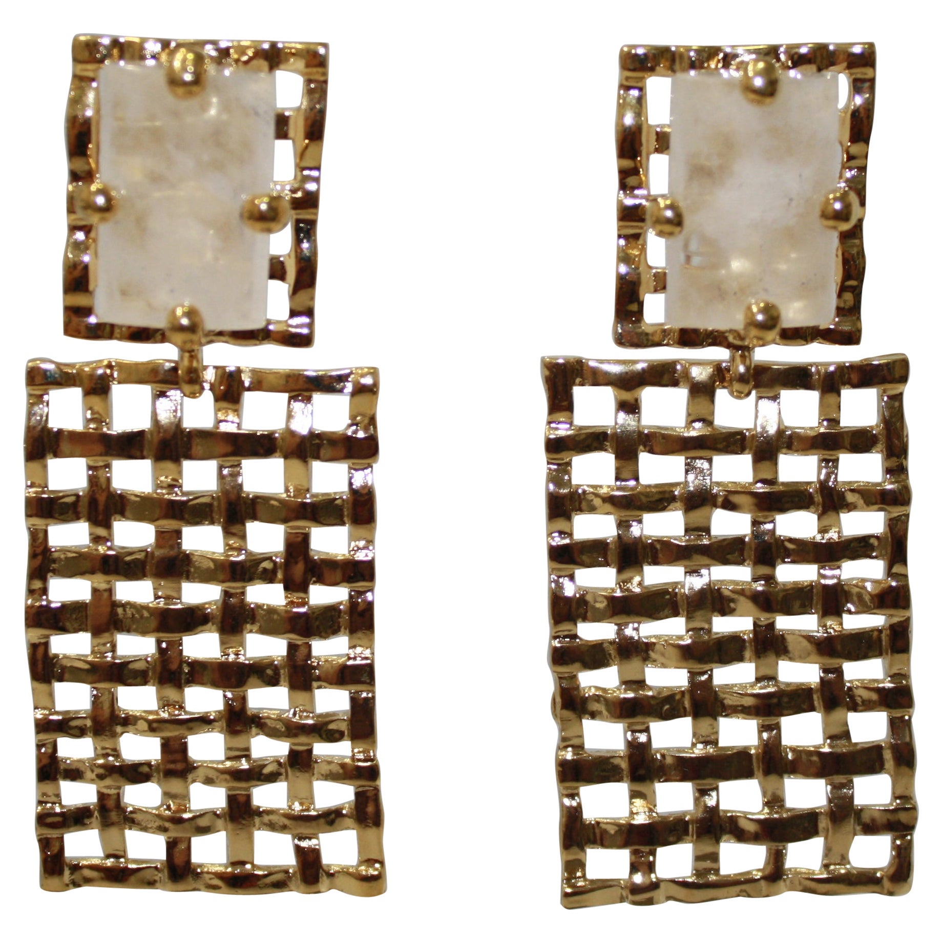 Basket Weave 24-carat Gilded Bronze and Rock Crystal Earrings