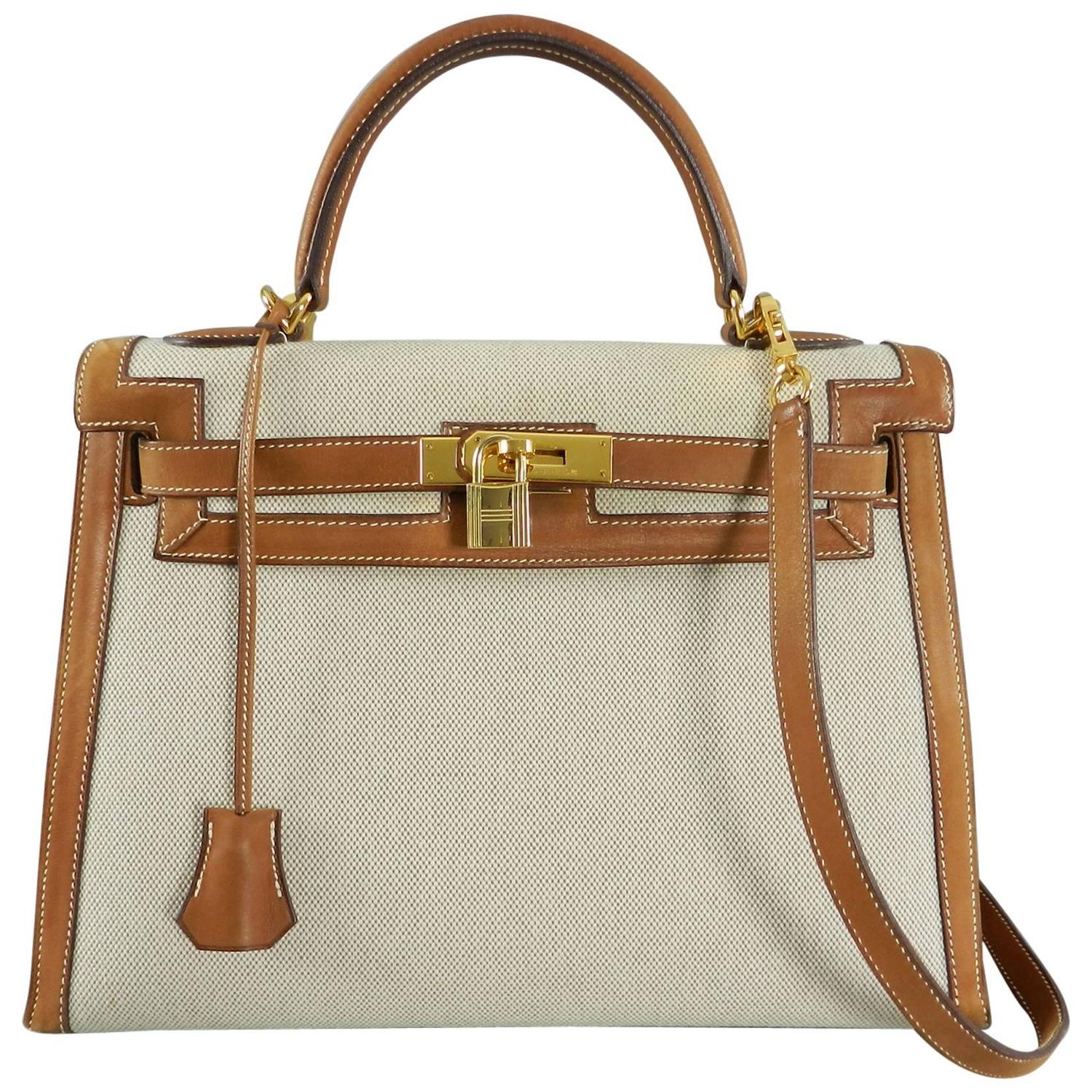 Hermes Kelly 32cm Sellier Barenia Natural and Toile Bi-Color Bag ...