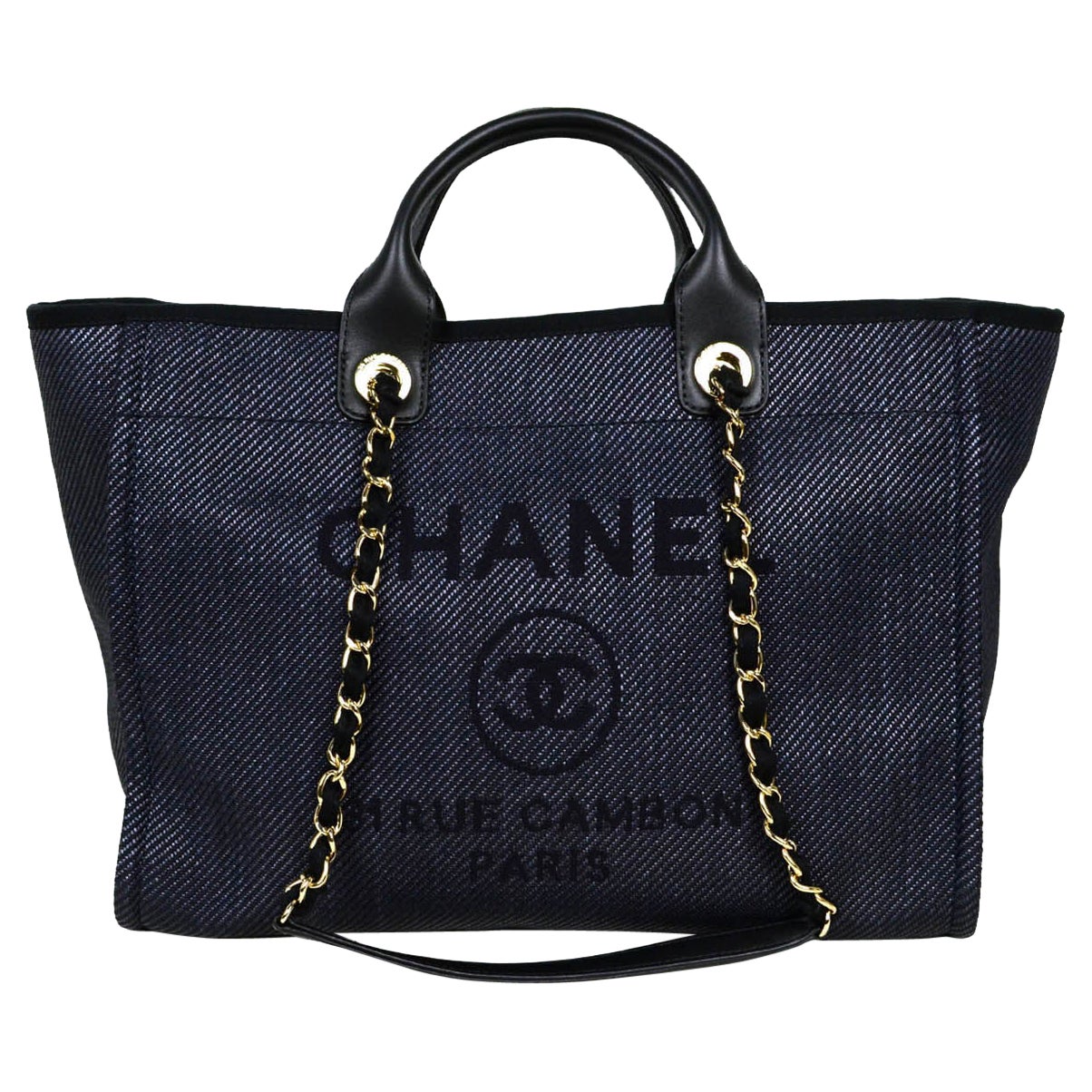 Chanel Navy Canvas Small Deauville Tote Pale Gold Hardware, 2020 (Very Good), Blue Womens Handbag