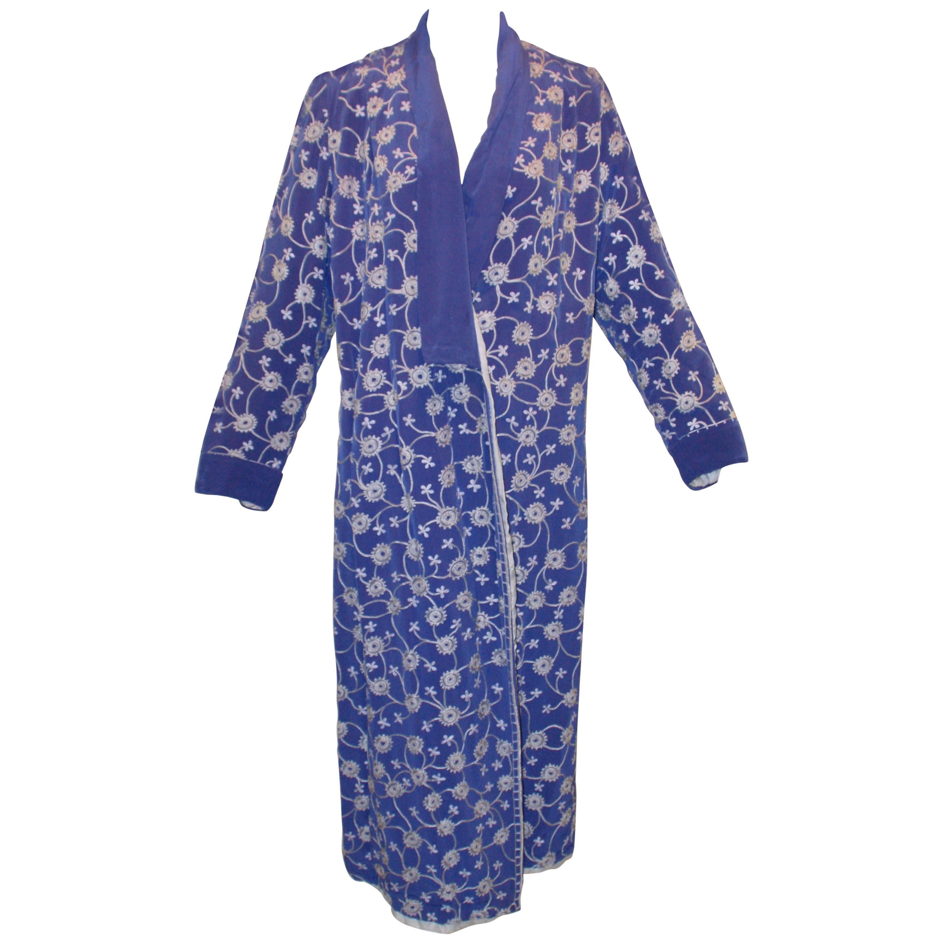 1920's Babani Couture Royal Blue Silk Embroidered Wrap Coat Jacket