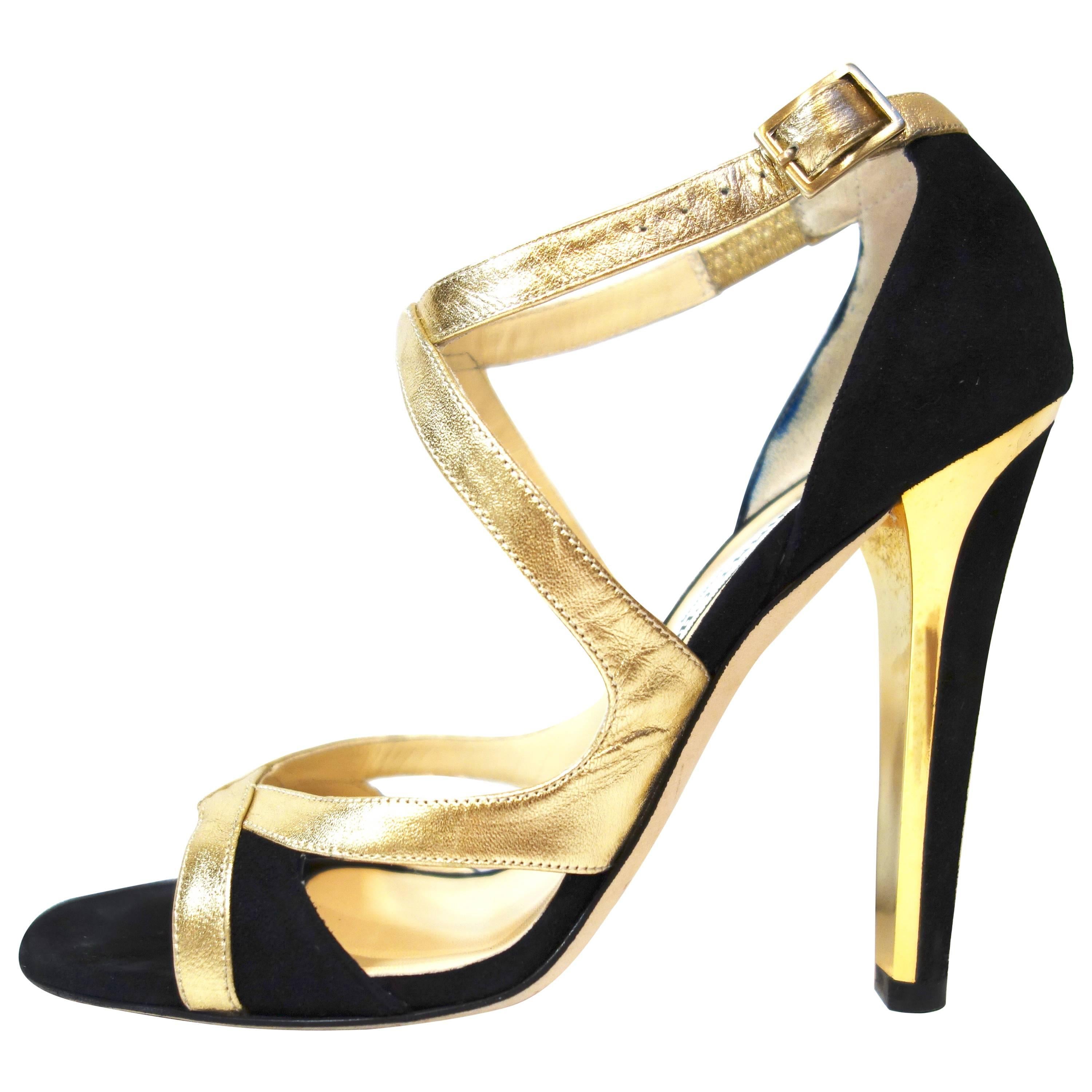 Jimmy Choo Black Suede Gold Leather 'Texas' Sandals 38.5 For Sale