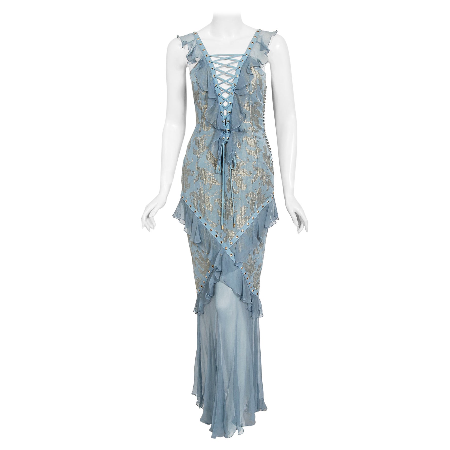 Vintage 2003 Christian Dior by Galliano Metallic Blue Silk Lace-Up Bias Cut  Gown at 1stDibs | dior dress blue and white, galliano blue, vintage silk  dior gown golden beige