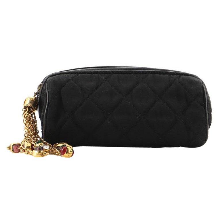 Vintage CHANEL Black Satin and Gray Wool Quilted Gold Chain