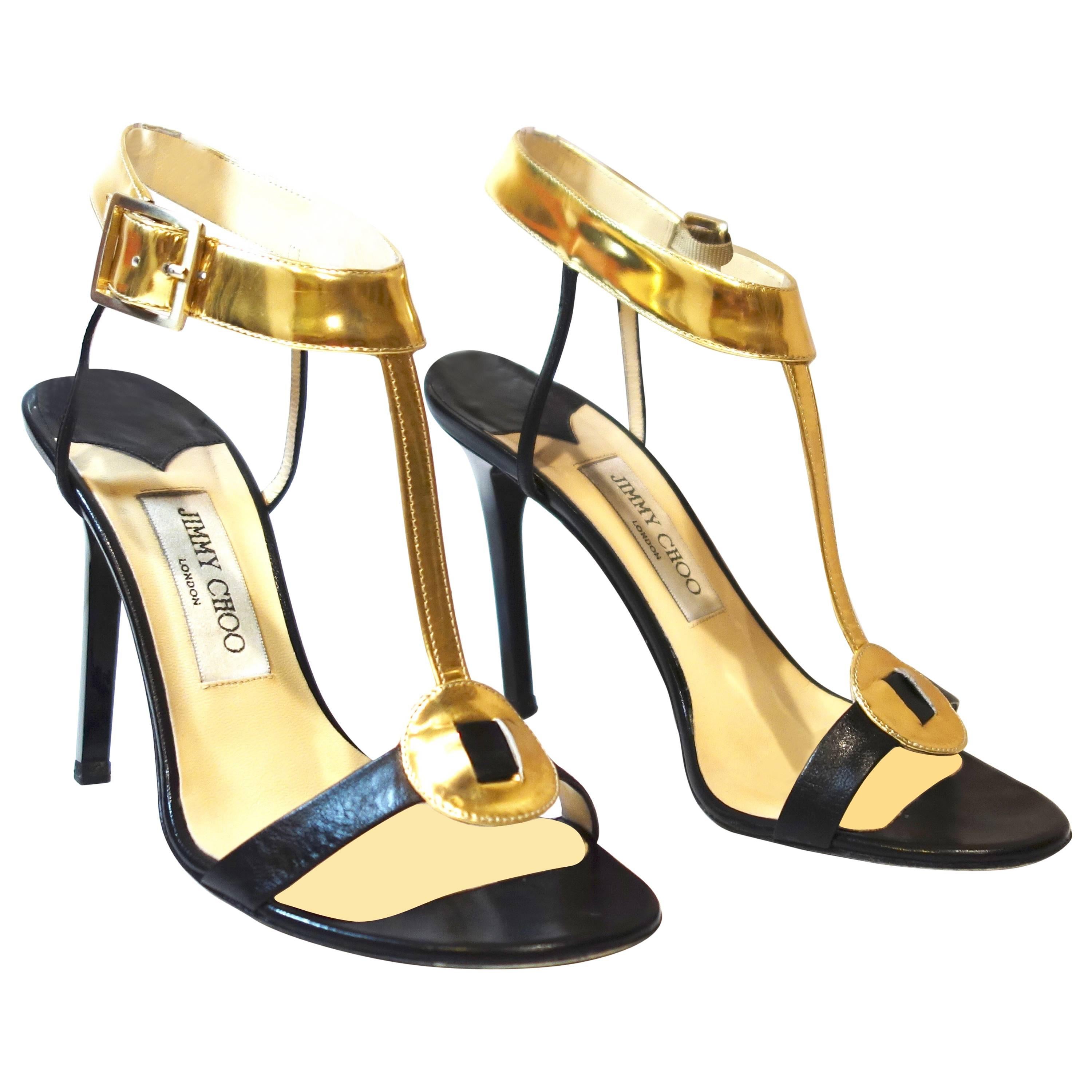 Jimmy Choo Black Leather Mirrored T-Strap 'Latch' Sandals 38.5 For Sale